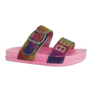 bebe girls | Blush Rainbow Rhinestone Buckle Logo Slide